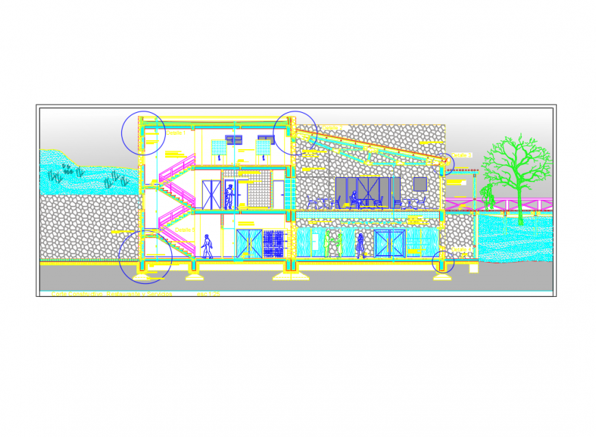 Restaurant building facade section cad drawing details dwg file