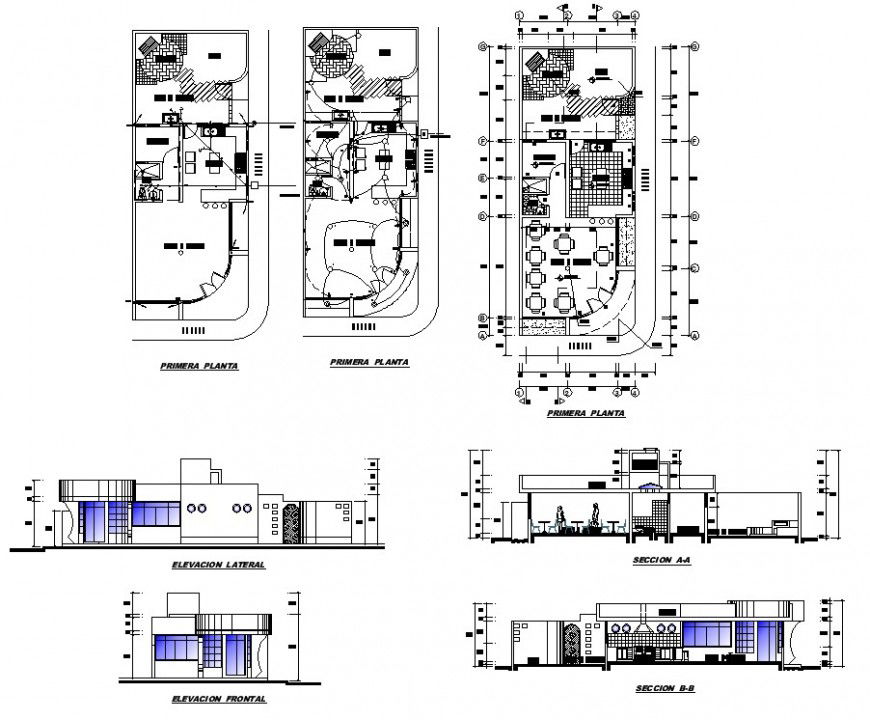 Restaurant building plan, elevation and section 2d view layout file in autocad format