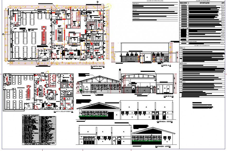 Restaurant building plan, elevation and section detail 2d view CAD block layout autocad file