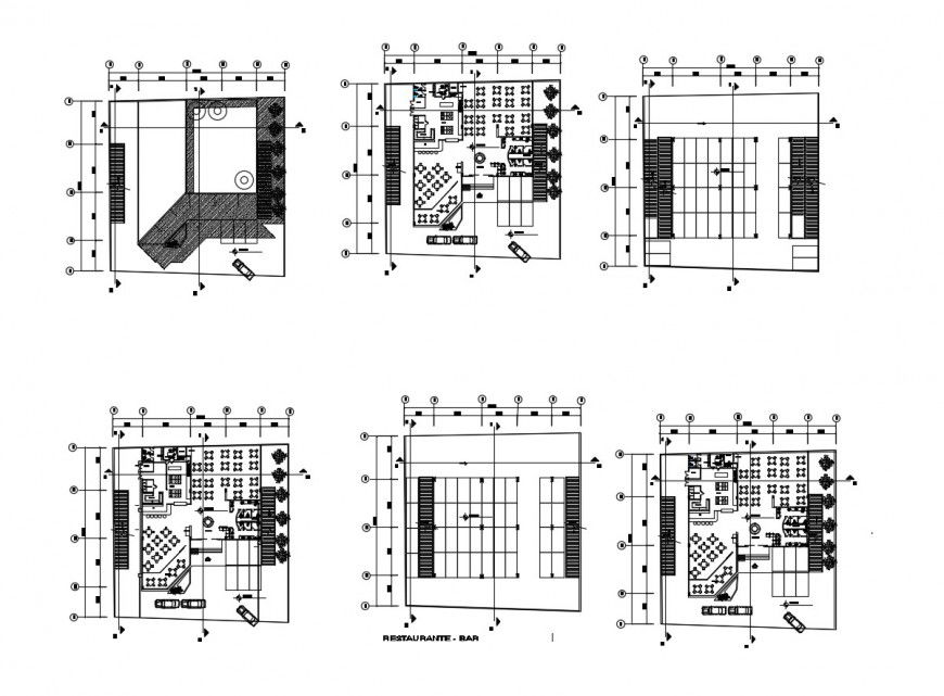 Restaurant building plan with furniture units 2d view autocad file