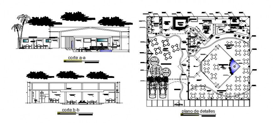 Restaurant building plan with sectional detail autocad file