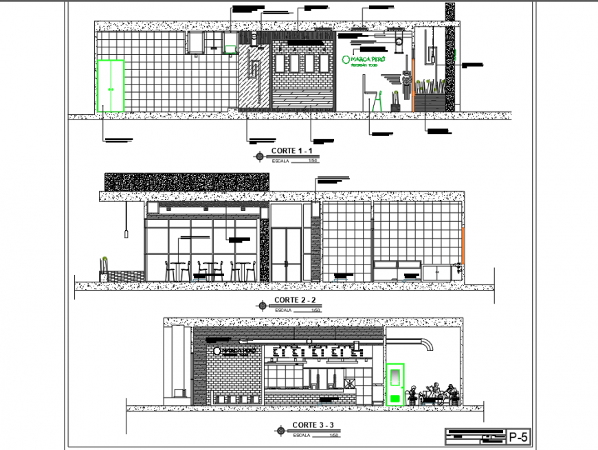 Restaurant building section detail 2d view CAD construction block layout file in dwg format
