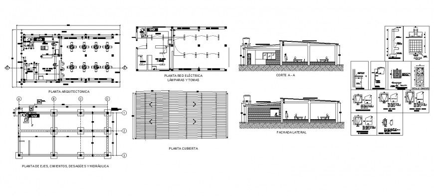Restaurant building structure detail elevation, section and plan 2d view layout autocad file