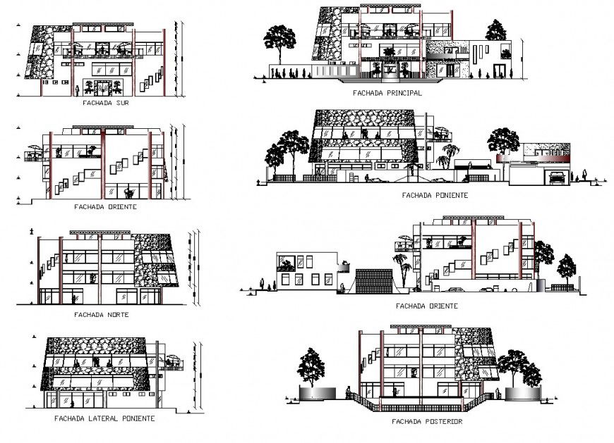 Restaurant building structure detail elevation 2d view layout file in autocad format
