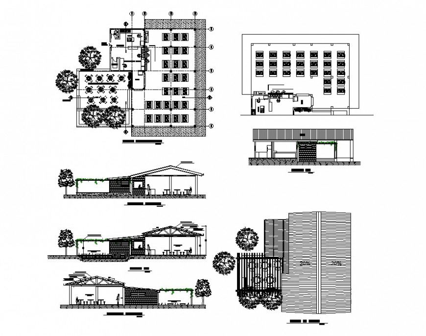 Restaurant building structure detail plan and elevation 2d view layout dwg file