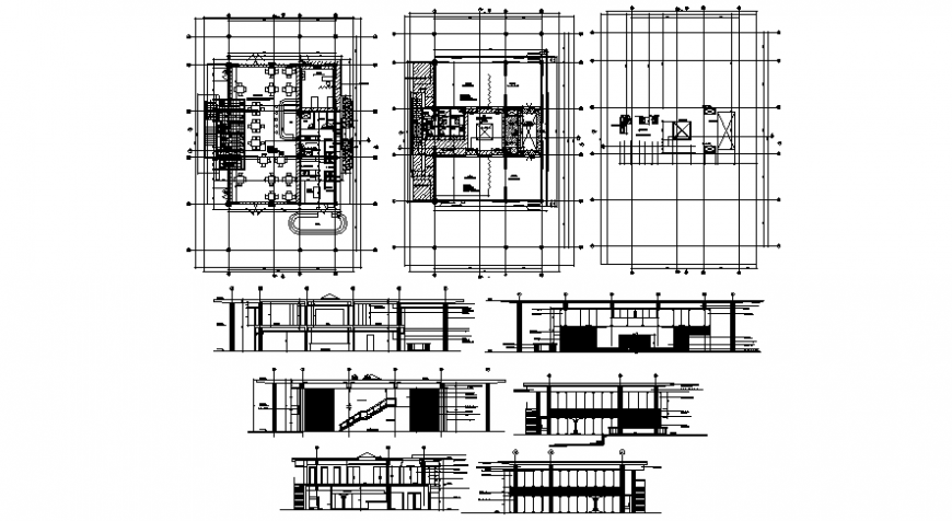Restaurant building units drawings floor plan elevation and section dwg file