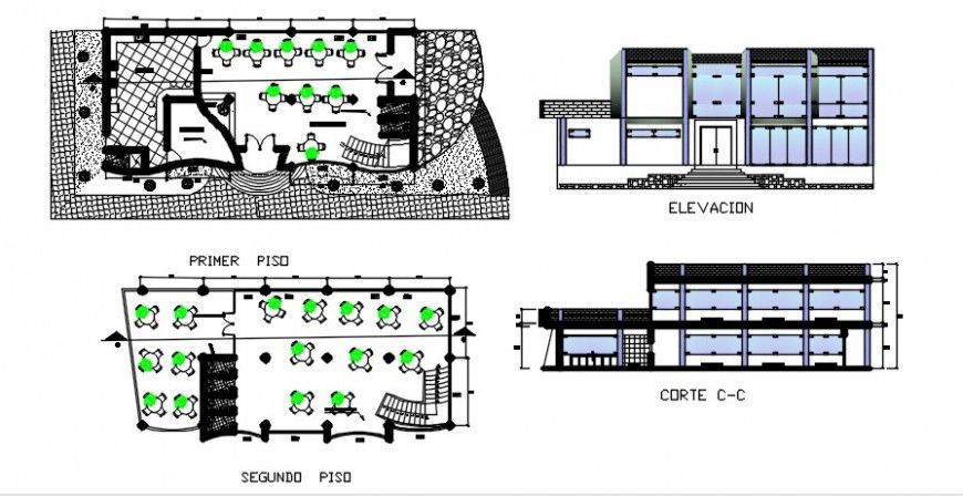 Restaurant building units plan elevation and sectional details dwg file