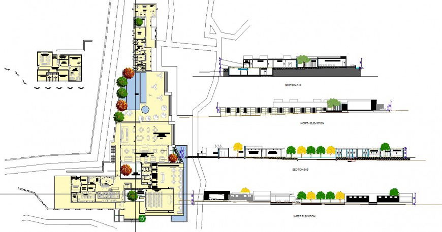 Restaurant building with furniture detail plan, elevation and section layout dwg file