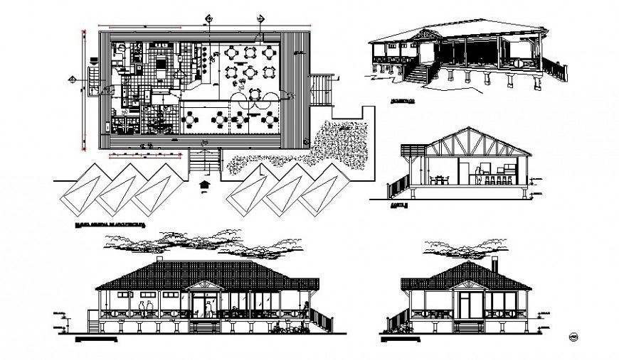 Restaurant building work plan with elevation and section details in autocad
