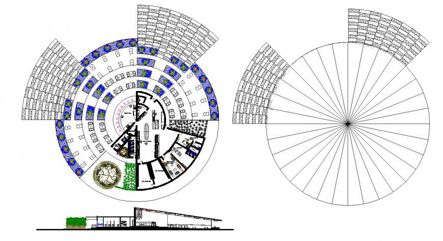Restaurant design in round concept in dwg file.