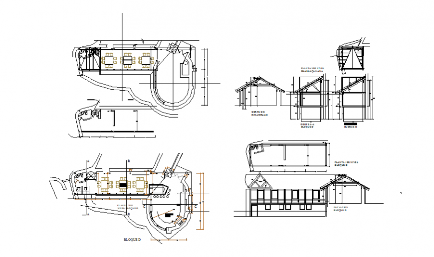 Restaurant elevation, constructive section and floor plan details dwg ile