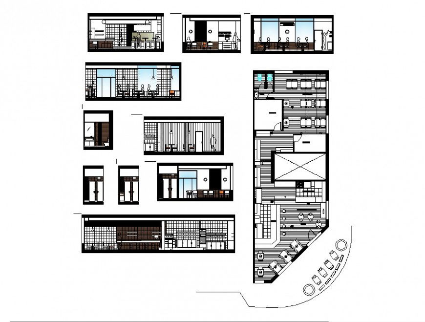 Restaurant elevation, cut section, floor plan and auto-cad drawing details dwg file