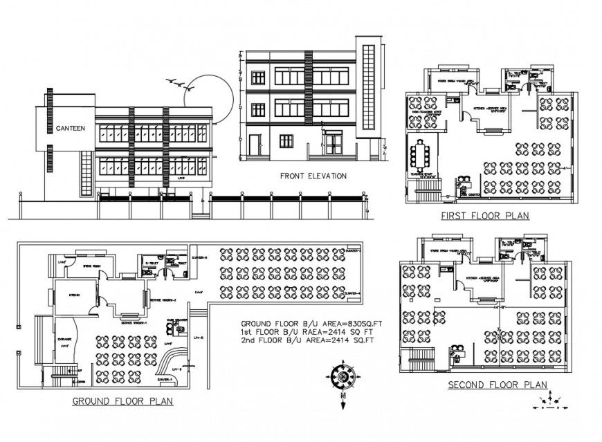 Restaurant elevation, ground, first and second floor plan details dwg file