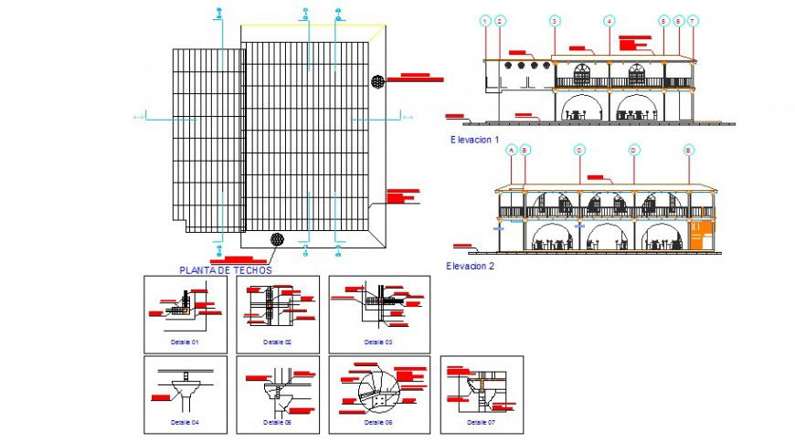 Restaurant elevation, section and constructive structure details dwg file