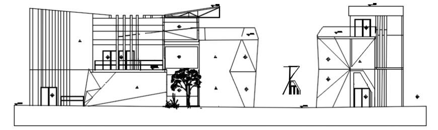 Restaurant elevation with base and tree area in AutoCAD file