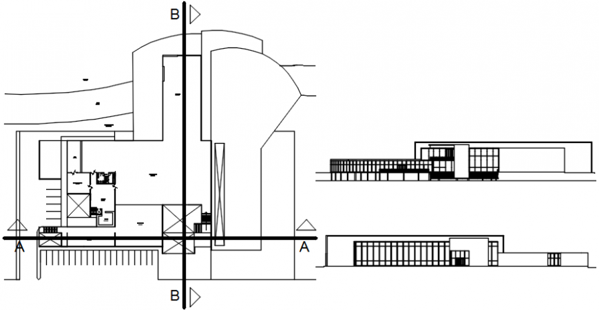 Restaurant front and back elevation and layout plan cad drawing details dwg file