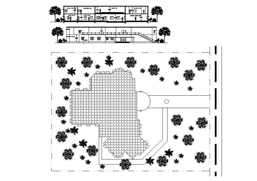 Restaurant front and back section and landscaping structure cad drawing details dwg file