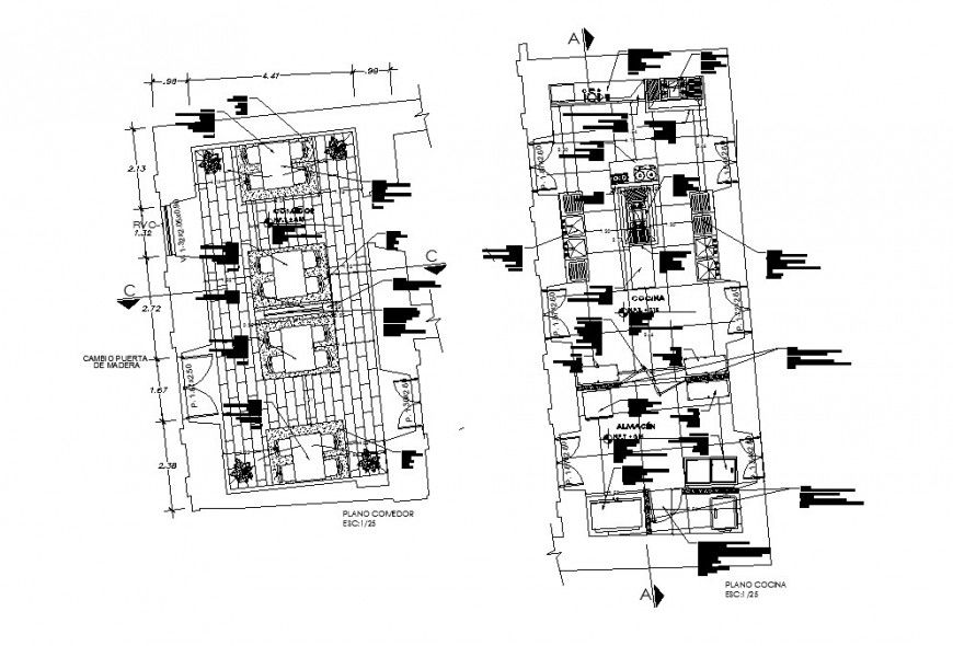 Restaurant kitchen and dining area plan cad drawing details dwg file