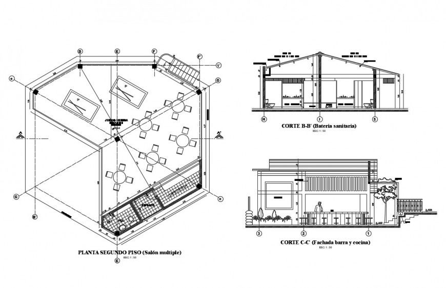 Restaurant kitchen elevation, section and second floor plan details dwg file