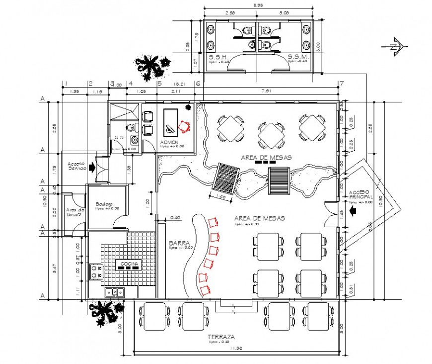 Restaurant layout plan with bar area in dwg AutoCAD file.