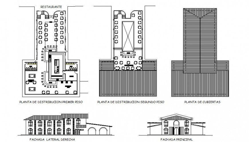 Restaurant main and back elevation, floor plan and auto-cad details dwg file