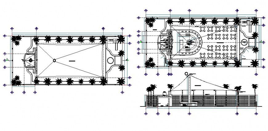 Restaurant main elevation, distribution plan and landscaping structure details dwg file
