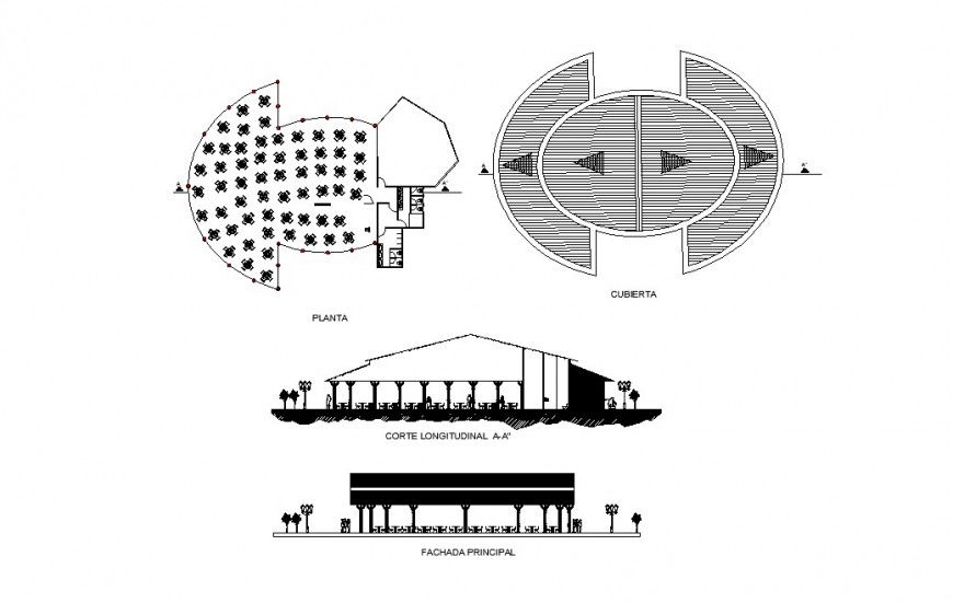 Restaurant main elevation, longitudinal section and plan cad drawing details dwg file