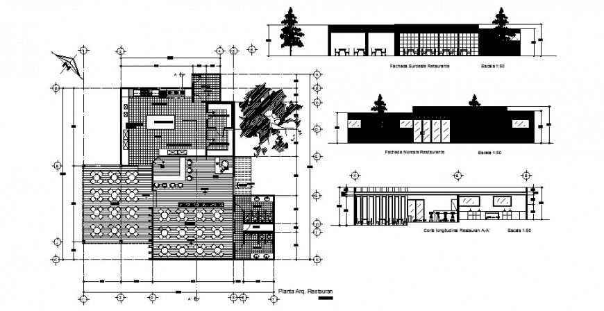 Restaurant main elevation, section, longitudinal section and plan cad drawing details dwg file