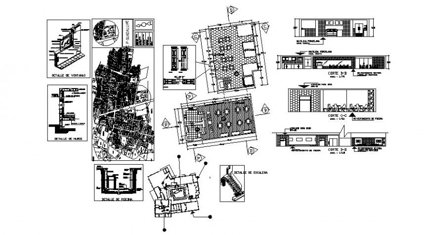 Restaurant of hotel building section, layout plan, site plan and constructive structure details dwg file