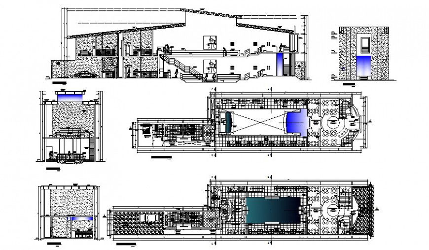 Restaurant plan and sectional elevation detail drawing in AutoCAD file.
