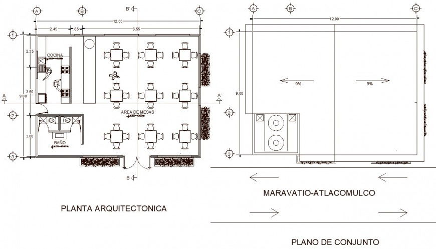 Restaurant plan with kitchen in dwg file.