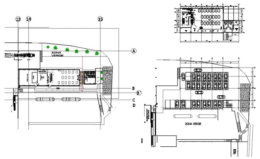 Restaurant plan with parking system detail 2d view layout plan in dwg format