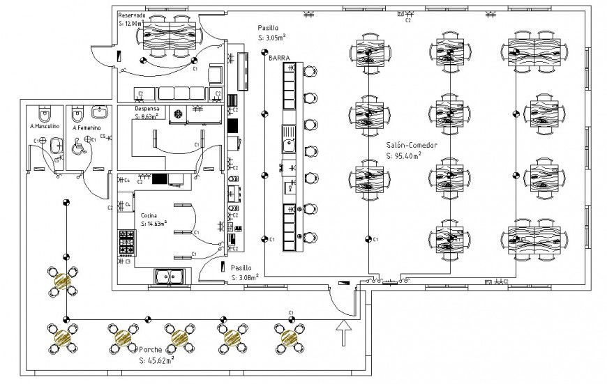 Restaurant project plan drawing in dwg file.