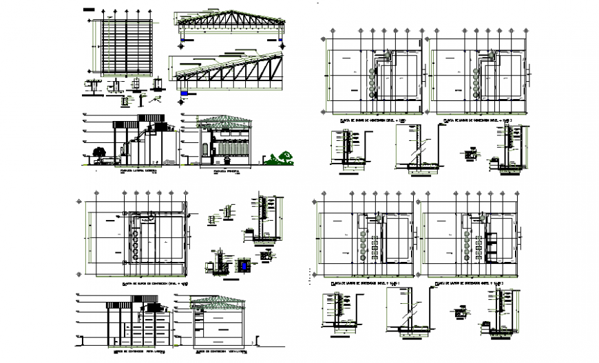 Restaurant section, floor plan and constructive structure details dwg file