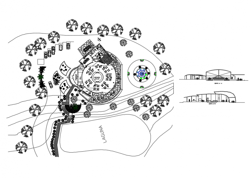 Restaurant sectional and landscaping structural layout plan details dwg file