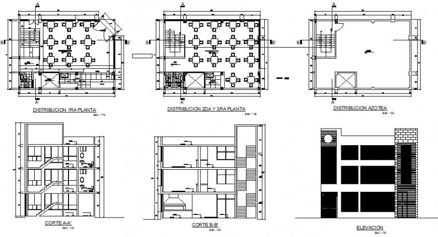 Restaurant three floor building plan in dwg file.