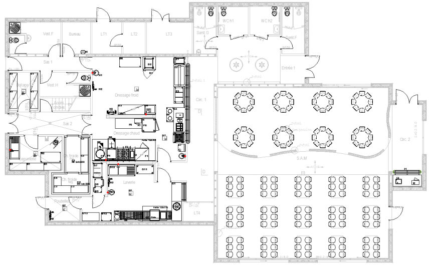Restaurant top view plan drawing in dwg AutoCAD file.