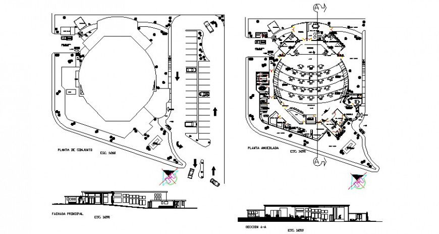 Restaurant two-story elevation, section and floor plan drawing details dwg file