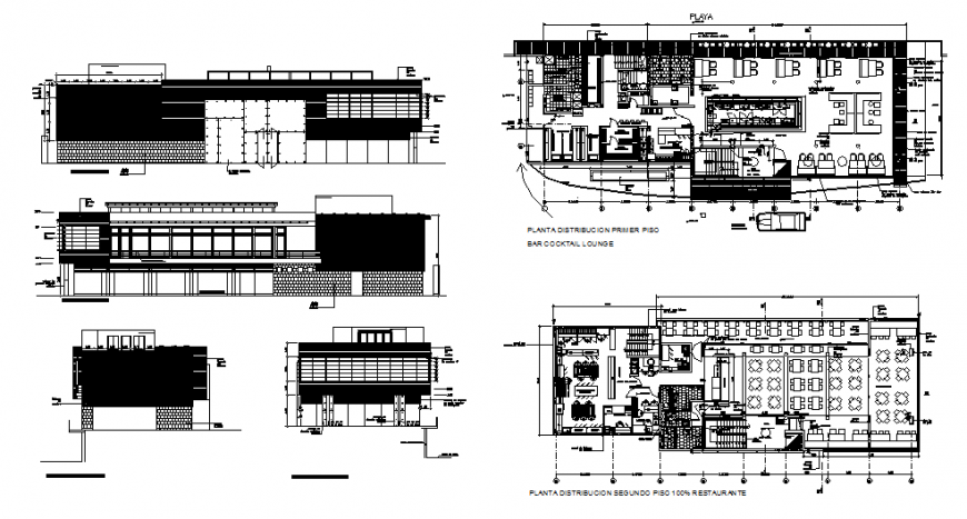 Restaurant with bar and cocktail lounge elevation, section and floor plan details dwg file