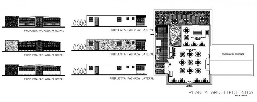 Restaurant with bar and green area elevation, section and plan cad drawing details dwg file