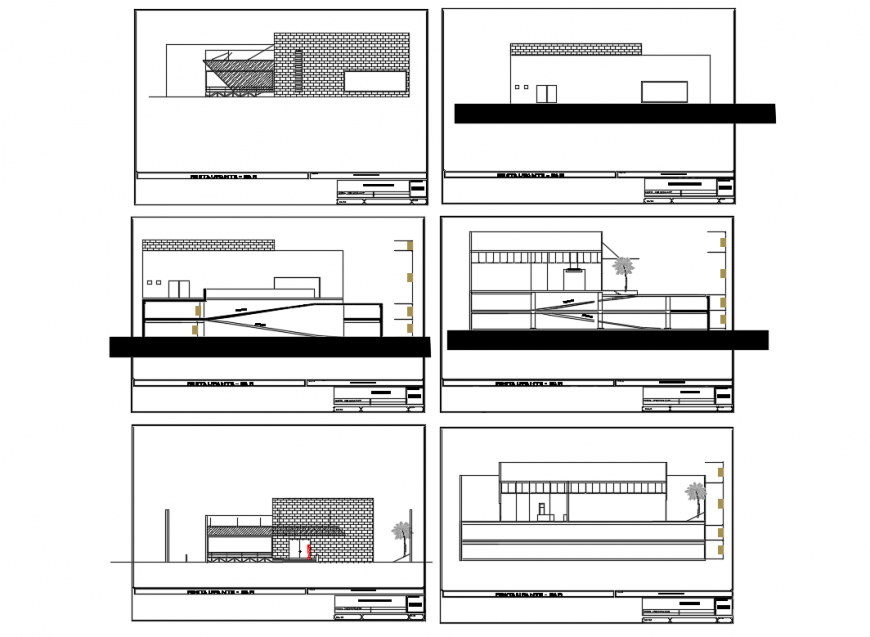 Restaurant with bar two story facade and back elevation and sectional details dwg file
