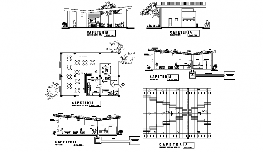Restaurant with Cafeteria DWG File Floor Plan, Elevation, and Section