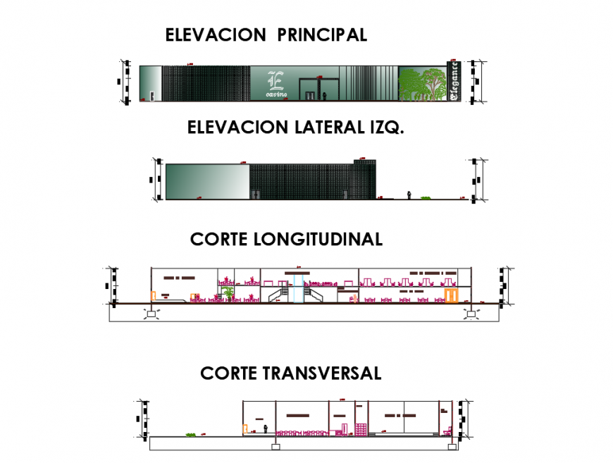 Restaurant with casino all sided elevation and sectional details dwg file