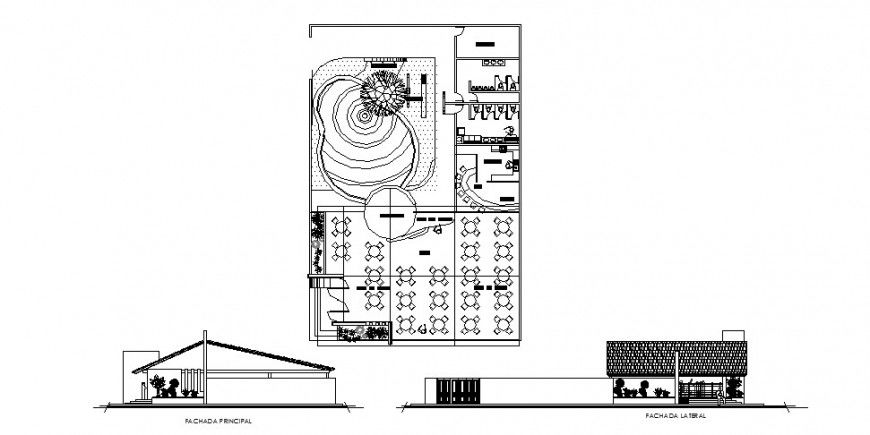 Restaurant with party hall elevation, section and plan cad drawing details dwg file