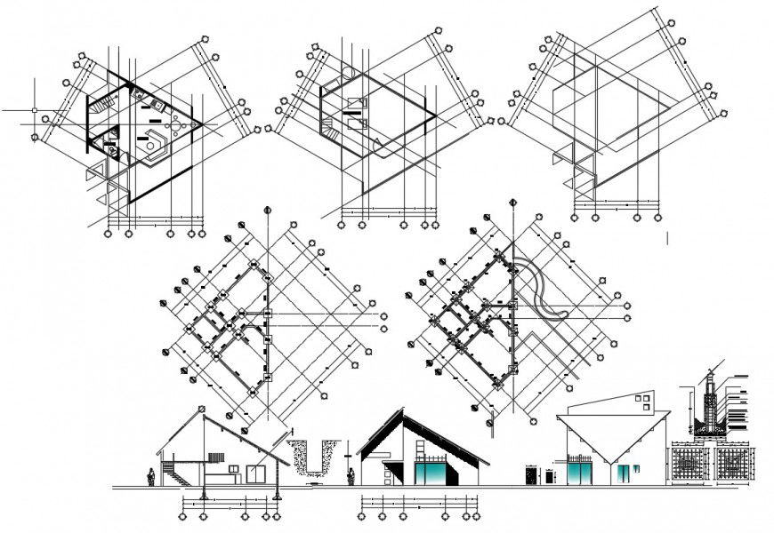 Restaurant with pool elevation, section and floor plan drawing details dwg file