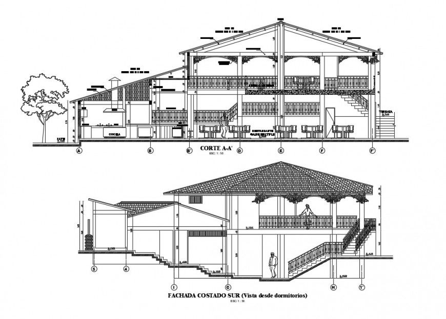 Restaurant with salon facade elevation and facade sectional details dwg file
