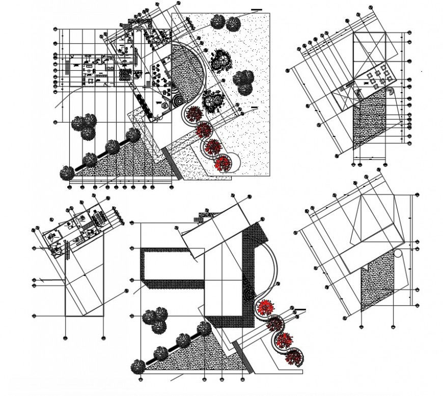 Restaurant with swimming pool distribution plan and landscaping details dwg file