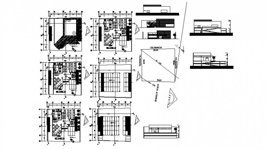 Restaurants building plan elevation and section dwg autocad file