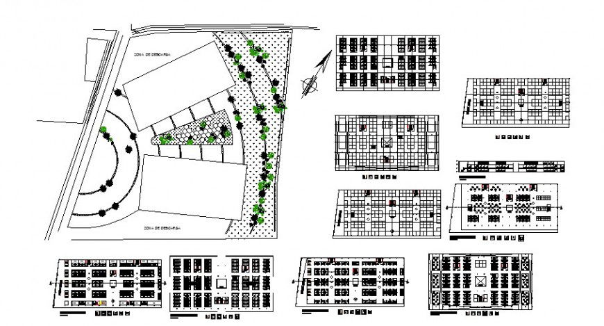 Retail shopping area floor plan and section view in auto cad