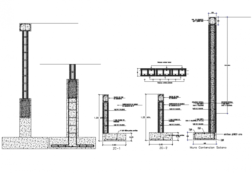 Retain wall with wall containment basement constructive structure details dwg file